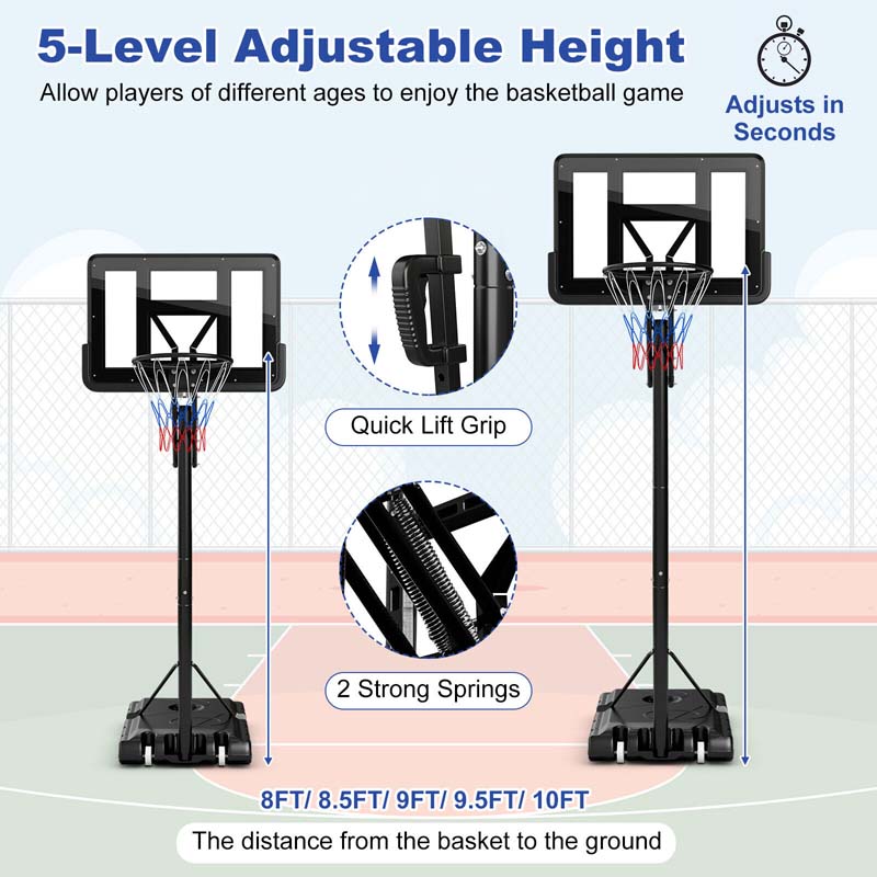 8-10FT 5-Level Height Adjustable Basketball Goal Stand with 44" Backboard, Portable Basketball Hoop Outdoor Indoor