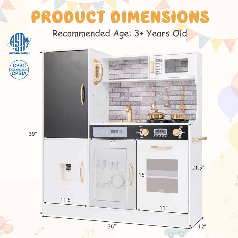 Large Wooden Kids Kitchen Playset, Little Chef Pretend Toy Kitchen Set w/Chalkboard, Microwave, Real Sounds & Lights for Toddlers Age 3+