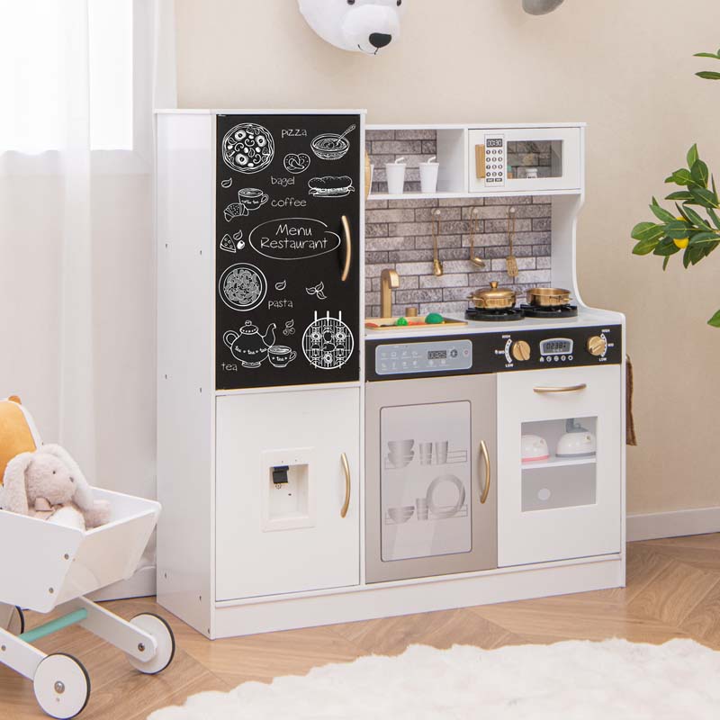 Large Wooden Kids Kitchen Playset, Little Chef Pretend Toy Kitchen Set w/Chalkboard, Microwave, Real Sounds & Lights for Toddlers Age 3+