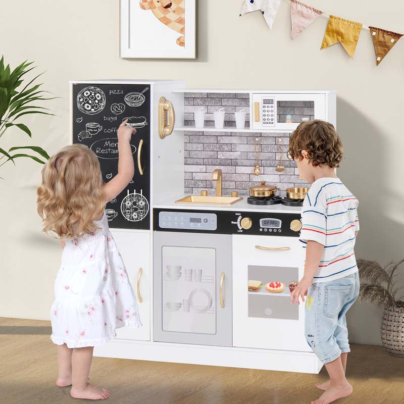 Large Wooden Kids Kitchen Playset, Little Chef Pretend Toy Kitchen Set w/Chalkboard, Microwave, Real Sounds & Lights for Toddlers Age 3+
