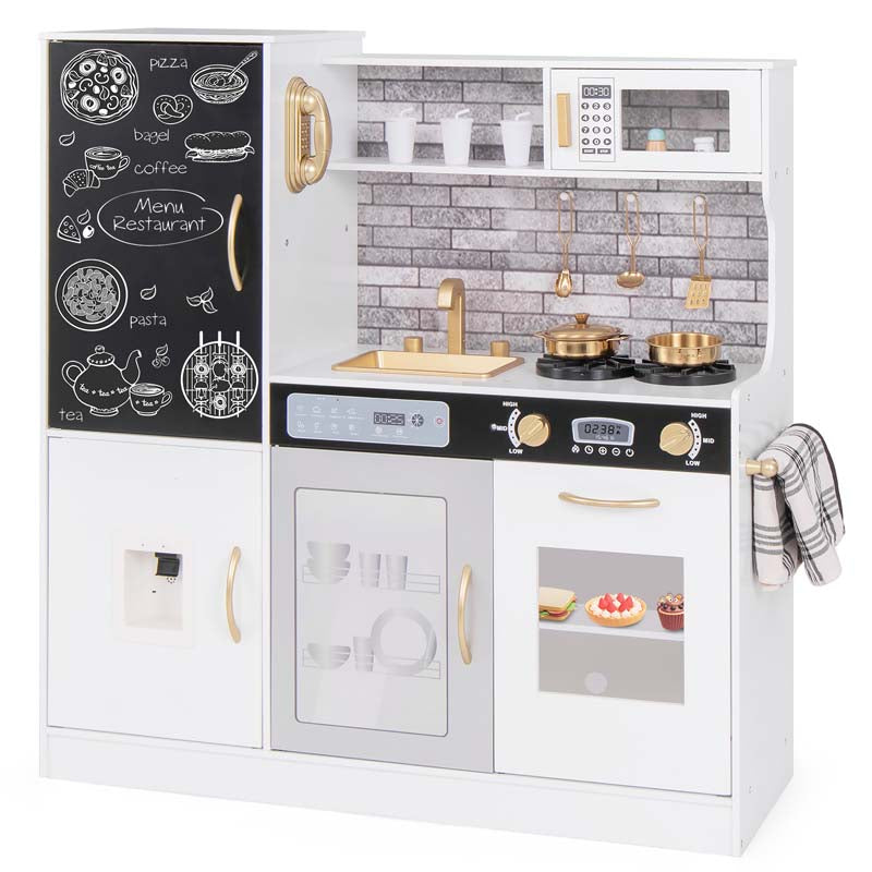 Large Wooden Kids Kitchen Playset, Little Chef Pretend Toy Kitchen Set w/Chalkboard, Microwave, Real Sounds & Lights for Toddlers Age 3+