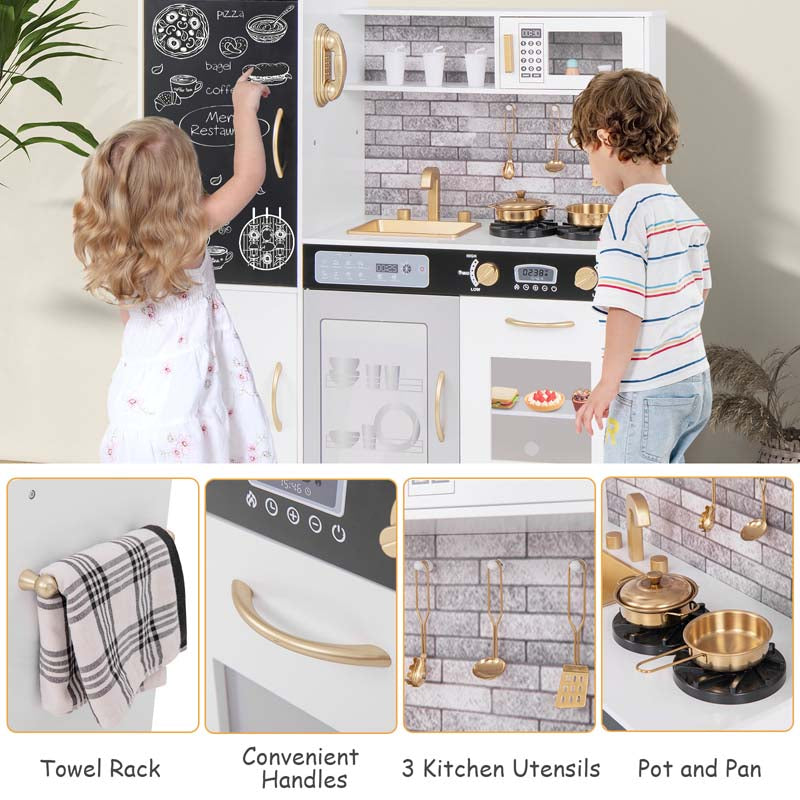 Large Wooden Kids Kitchen Playset, Little Chef Pretend Toy Kitchen Set w/Chalkboard, Microwave, Real Sounds & Lights for Toddlers Age 3+