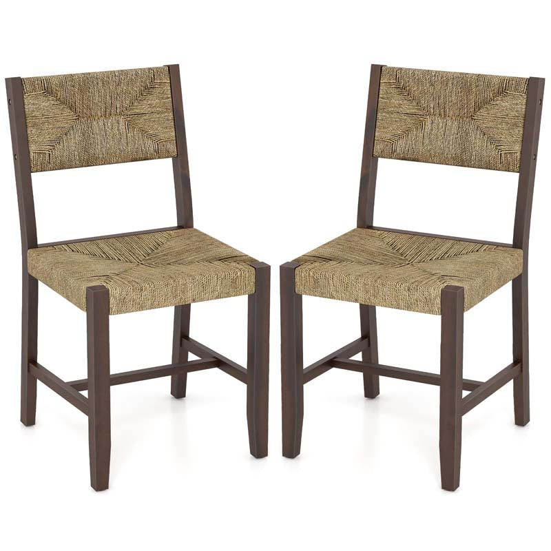Wooden Dining Chairs Set of 2/4, Boho Farmhouse Cane Chairs w/ Seagrass Weave RattanBackrest & Seat, Armless Accent Chairs for Kitchen Dining Room