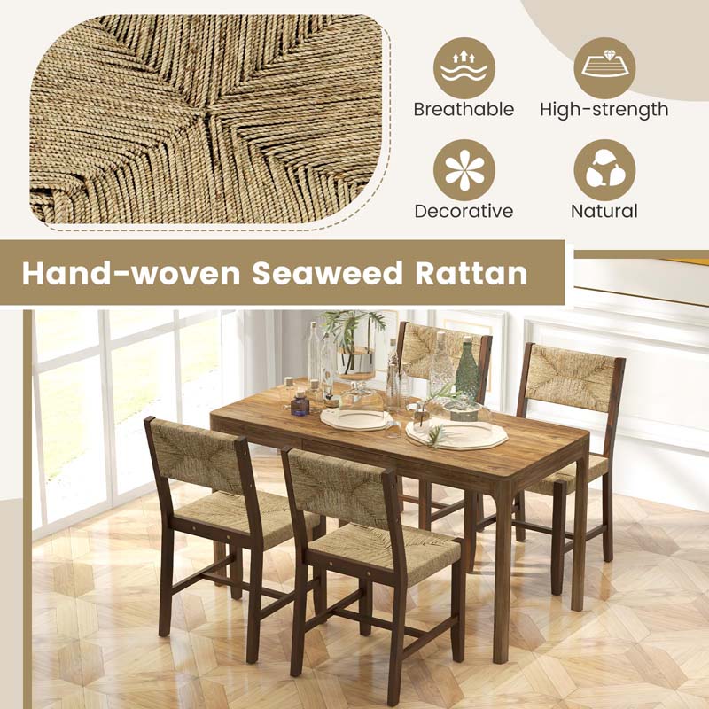 Wooden Dining Chairs Set of 2/4, Boho Farmhouse Cane Chairs w/ Seagrass Weave RattanBackrest & Seat, Armless Accent Chairs for Kitchen Dining Room