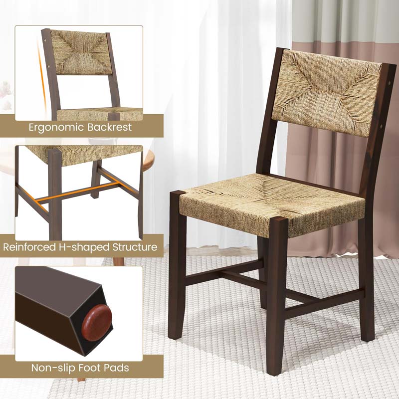 Wooden Dining Chairs Set of 2/4, Boho Farmhouse Cane Chairs w/ Seagrass Weave RattanBackrest & Seat, Armless Accent Chairs for Kitchen Dining Room