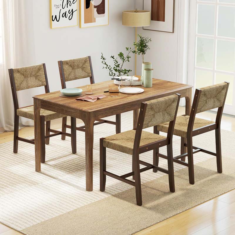 Wooden Dining Chairs Set of 2/4, Boho Farmhouse Cane Chairs w/ Seagrass Weave RattanBackrest & Seat, Armless Accent Chairs for Kitchen Dining Room