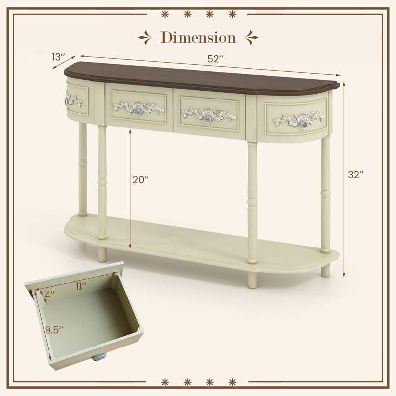 52" Retro Half-Moon Console Table with Storage Drawers & Open Shelf, Vintage Solid Wood Long Narrow Sofa Table for Entryway, Living Room, Hallway