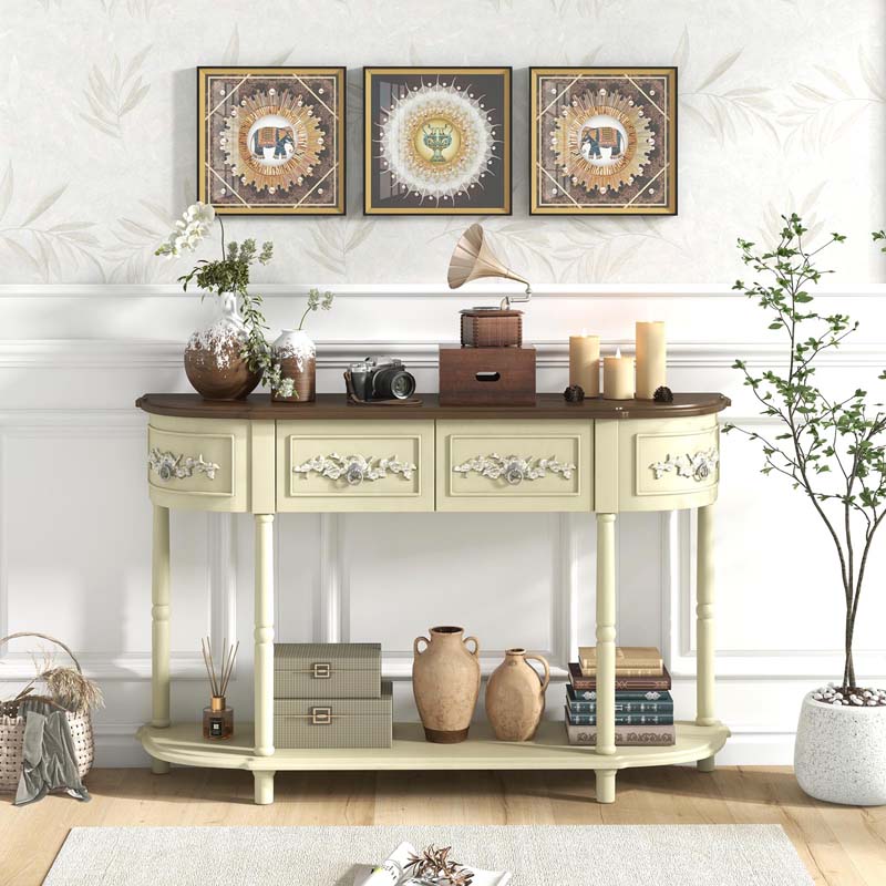 52" Retro Half-Moon Console Table with Storage Drawers & Open Shelf, Vintage Solid Wood Long Narrow Sofa Table for Entryway, Living Room, Hallway