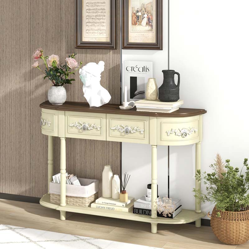52" Retro Half-Moon Console Table with Storage Drawers & Open Shelf, Vintage Solid Wood Long Narrow Sofa Table for Entryway, Living Room, Hallway