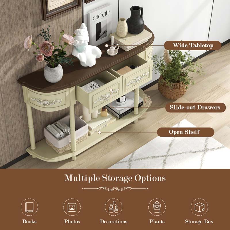 52" Retro Half-Moon Console Table with Storage Drawers & Open Shelf, Vintage Solid Wood Long Narrow Sofa Table for Entryway, Living Room, Hallway