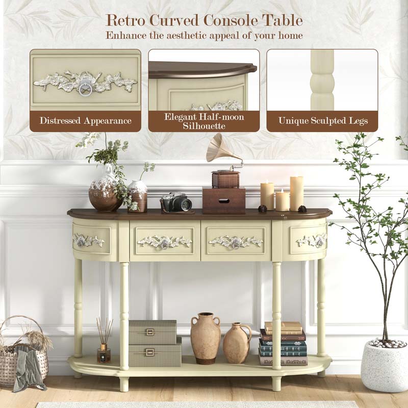 52" Retro Half-Moon Console Table with Storage Drawers & Open Shelf, Vintage Solid Wood Long Narrow Sofa Table for Entryway, Living Room, Hallway
