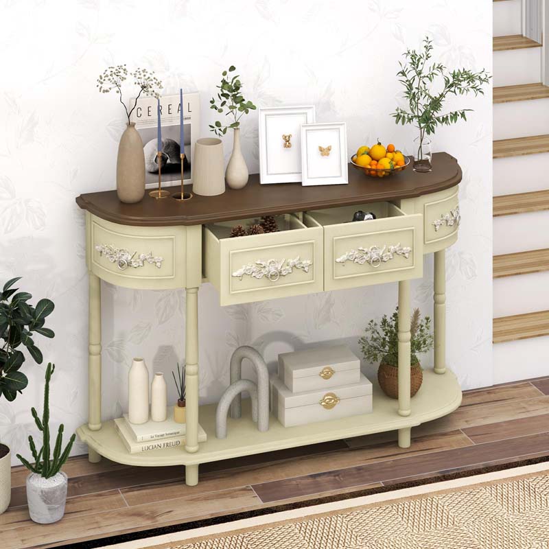 52" Retro Half-Moon Console Table with Storage Drawers & Open Shelf, Vintage Solid Wood Long Narrow Sofa Table for Entryway, Living Room, Hallway