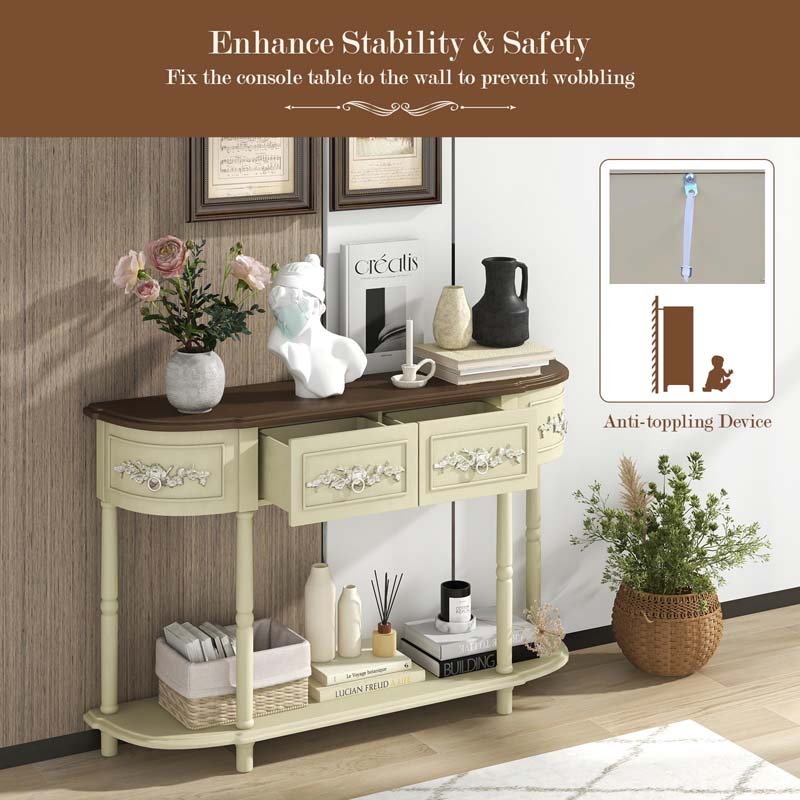 52" Retro Half-Moon Console Table with Storage Drawers & Open Shelf, Vintage Solid Wood Long Narrow Sofa Table for Entryway, Living Room, Hallway