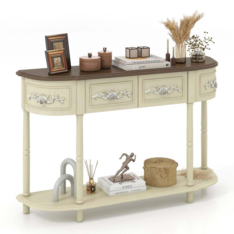 52" Retro Half-Moon Console Table with Storage Drawers & Open Shelf, Vintage Solid Wood Long Narrow Sofa Table for Entryway, Living Room, Hallway