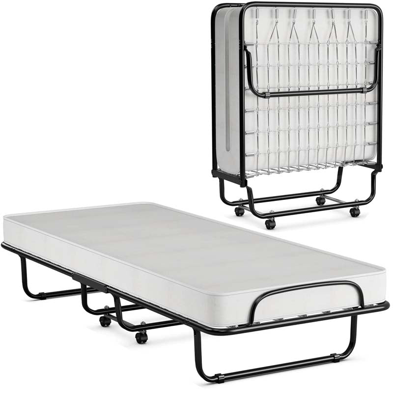 75" x 31" Rollaway Folding Bed with 4" Memory Foam Mattress, Portable Fold Up Guest Bed with Metal Frame and Wheels
