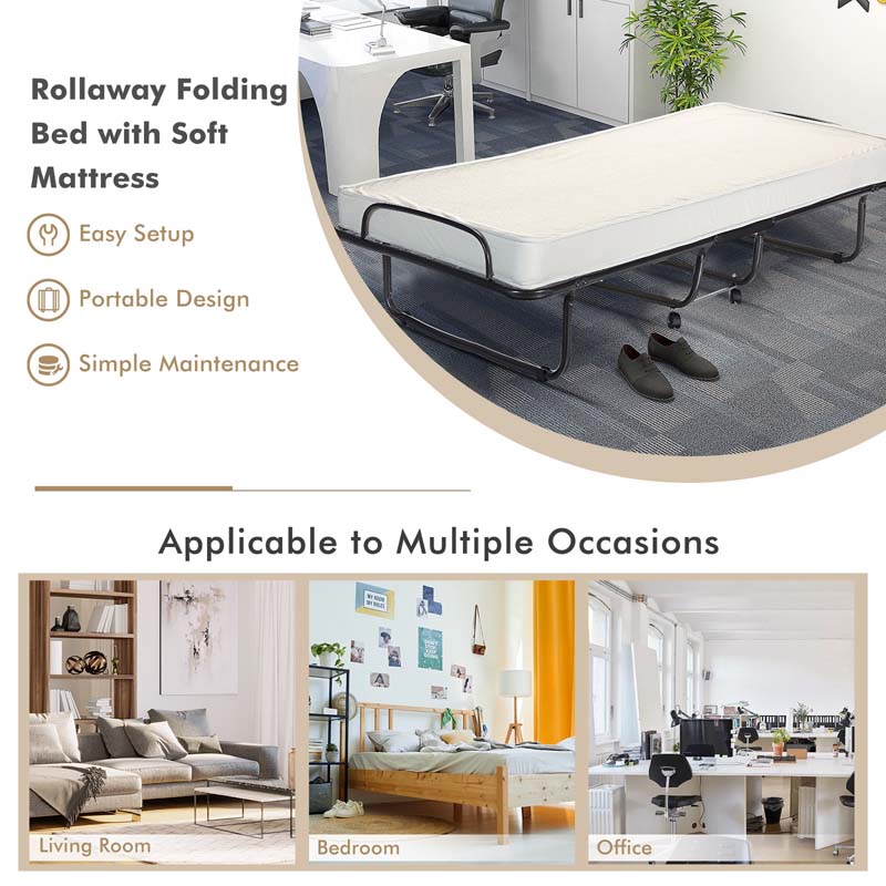 75" x 31" Rollaway Folding Bed with 4" Memory Foam Mattress, Portable Fold Up Guest Bed with Metal Frame and Wheels