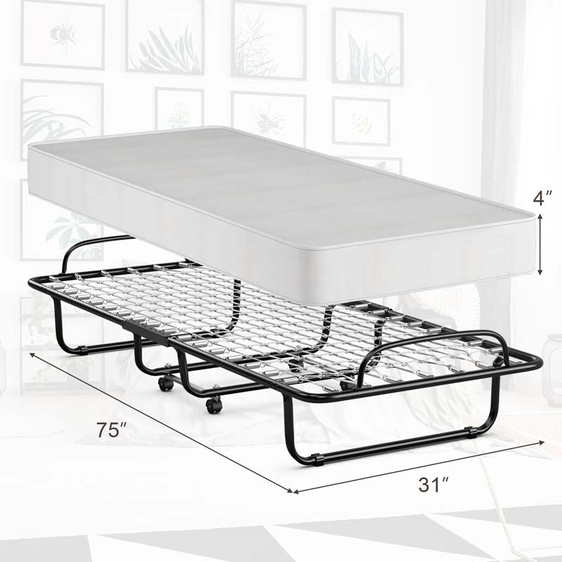 75" x 31" Rollaway Folding Bed with 4" Memory Foam Mattress, Portable Fold Up Guest Bed with Metal Frame and Wheels