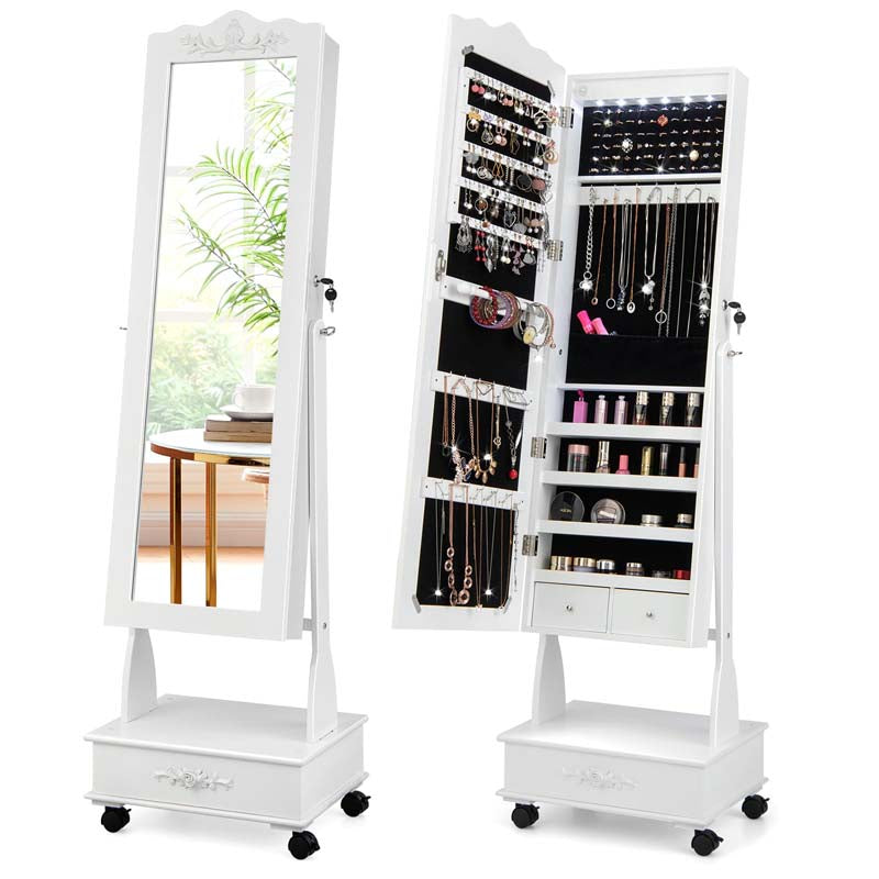 Standing Jewelry Armoire with Full-Length Mirror, Drawers, Lights & Wheels, Lockable Mirror Jewelry Cabinet Storage Organizer