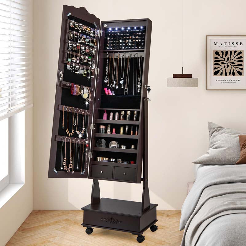 Standing Jewelry Armoire with Full-Length Mirror, Drawers, Lights & Wheels, Lockable Mirror Jewelry Cabinet Storage Organizer