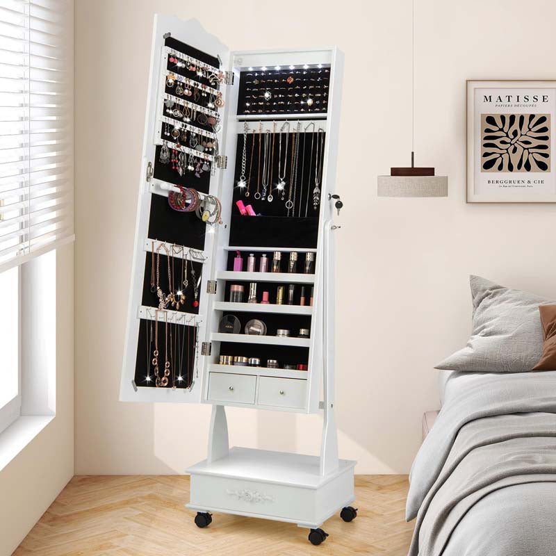 Standing Jewelry Armoire with Full-Length Mirror, Drawers, Lights & Wheels, Lockable Mirror Jewelry Cabinet Storage Organizer