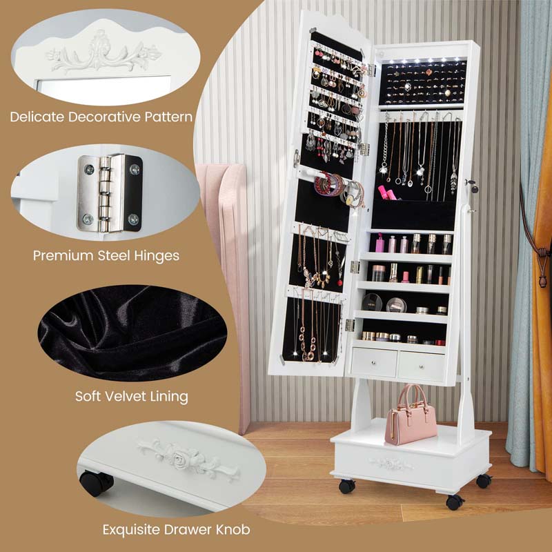 Standing Jewelry Armoire with Full-Length Mirror, Drawers, Lights & Wheels, Lockable Mirror Jewelry Cabinet Storage Organizer