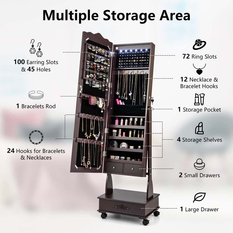 Standing Jewelry Armoire with Full-Length Mirror, Drawers, Lights & Wheels, Lockable Mirror Jewelry Cabinet Storage Organizer