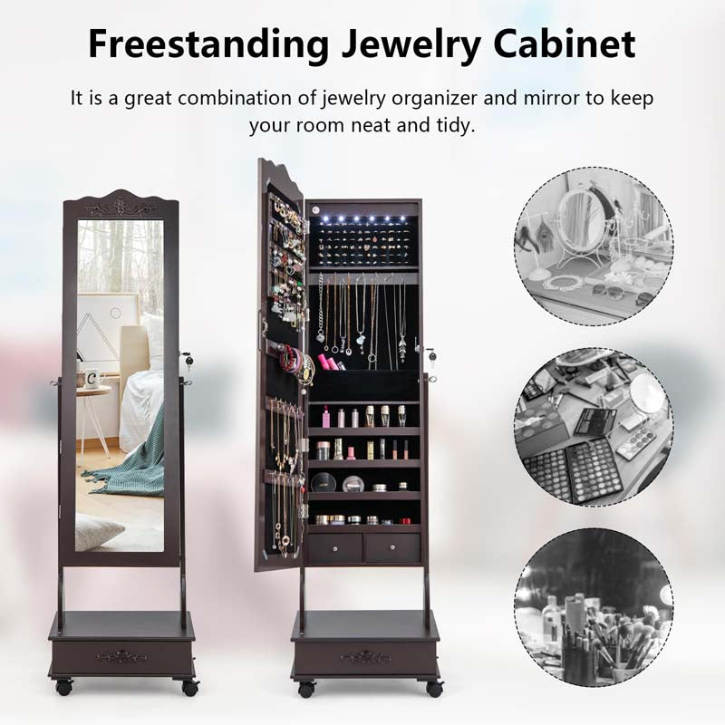 Standing Jewelry Armoire with Full-Length Mirror, Drawers, Lights & Wheels, Lockable Mirror Jewelry Cabinet Storage Organizer