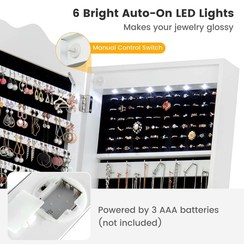 Standing Jewelry Armoire with Full-Length Mirror, Drawers, Lights & Wheels, Lockable Mirror Jewelry Cabinet Storage Organizer