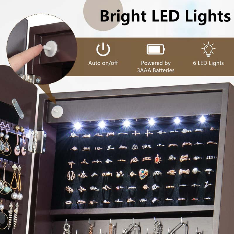 Standing Jewelry Armoire with Full-Length Mirror, Drawers, Lights & Wheels, Lockable Mirror Jewelry Cabinet Storage Organizer