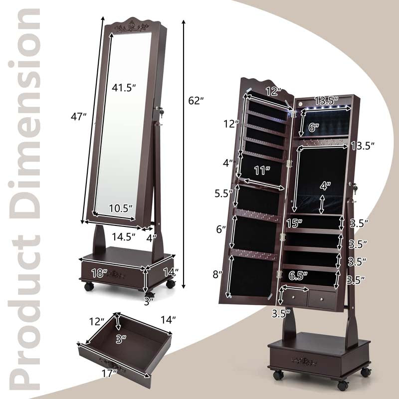 Standing Jewelry Armoire with Full-Length Mirror, Drawers, Lights & Wheels, Lockable Mirror Jewelry Cabinet Storage Organizer