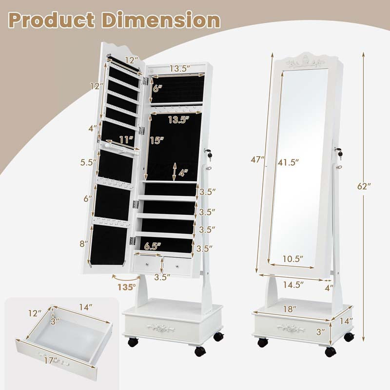 Standing Jewelry Armoire with Full-Length Mirror, Drawers, Lights & Wheels, Lockable Mirror Jewelry Cabinet Storage Organizer