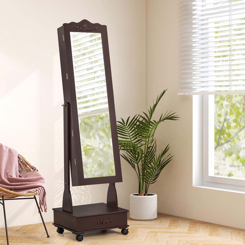 Standing Jewelry Armoire with Full-Length Mirror, Drawers, Lights & Wheels, Lockable Mirror Jewelry Cabinet Storage Organizer