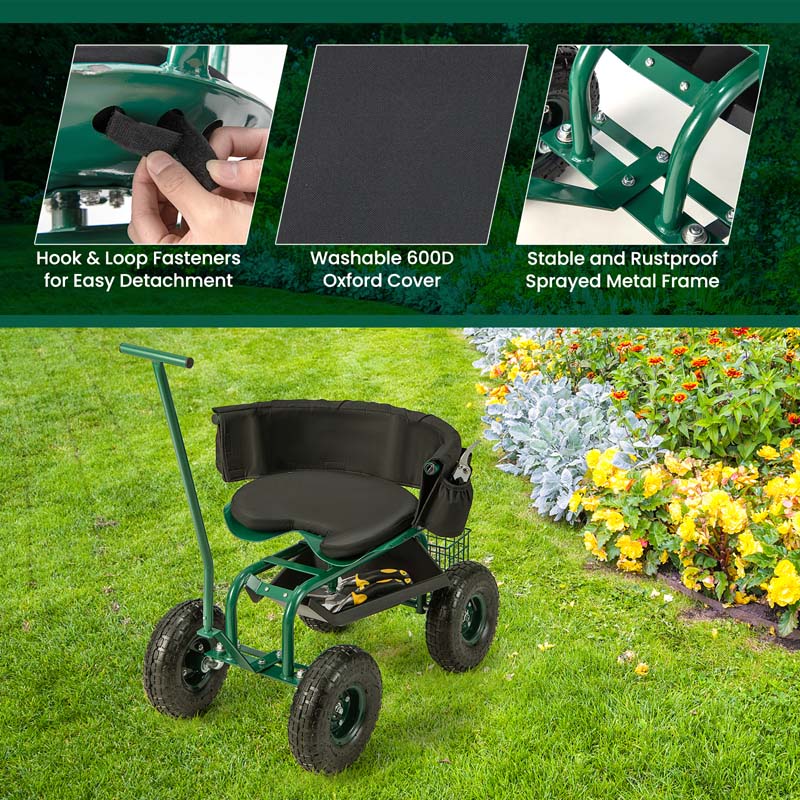 Rolling Garden Cart Workseat Garden Scooter with 360 Degree Swivel Cushioned Seat & Tool Storage, 2 Steering Handles