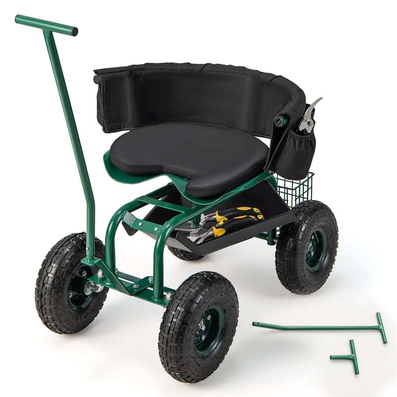 Rolling Garden Cart Workseat Garden Scooter with 360 Degree Swivel Cushioned Seat & Tool Storage, 2 Steering Handles