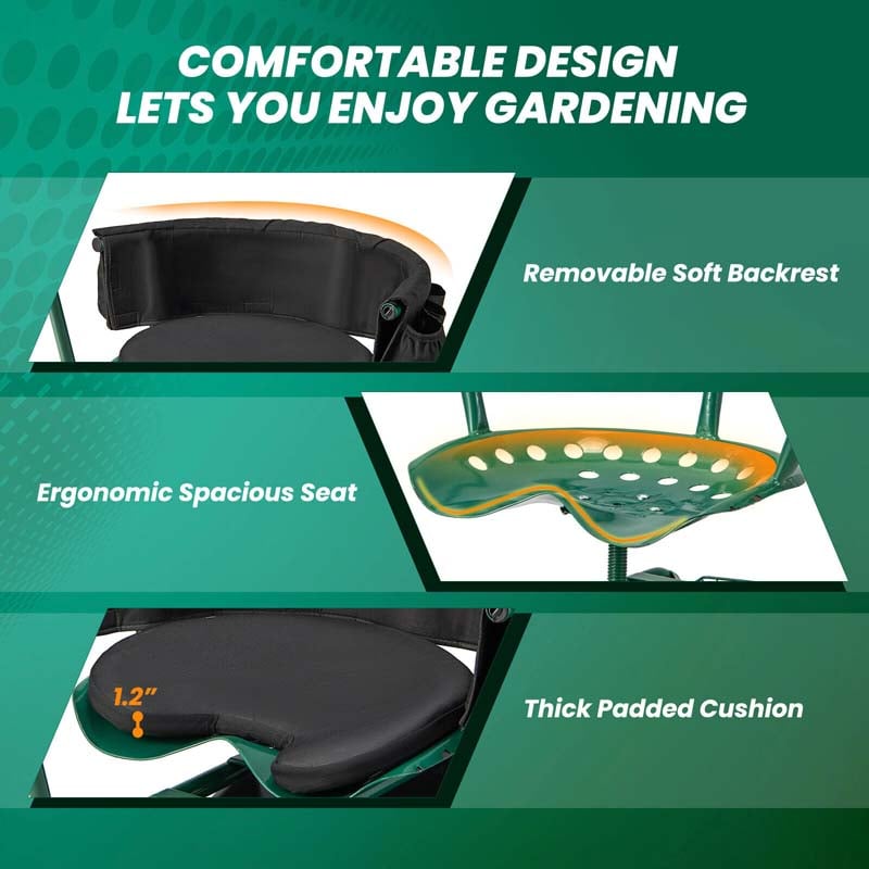 Rolling Garden Cart Workseat Garden Scooter with 360 Degree Swivel Cushioned Seat & Tool Storage, 2 Steering Handles