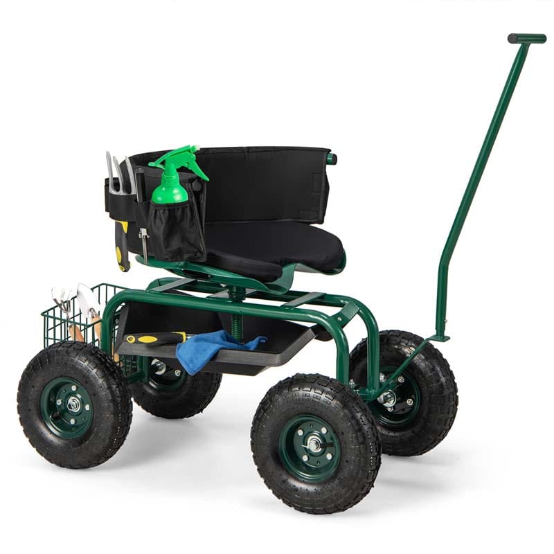 Rolling Garden Cart Workseat Garden Scooter with 360 Degree Swivel Cushioned Seat & Tool Storage, 2 Steering Handles