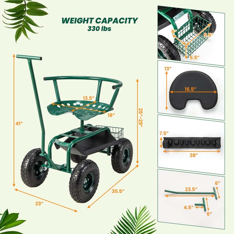 Rolling Garden Cart Workseat Garden Scooter with 360 Degree Swivel Cushioned Seat & Tool Storage, 2 Steering Handles