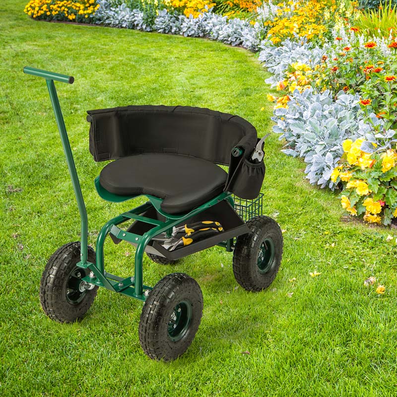 Rolling Garden Cart Workseat Garden Scooter with 360 Degree Swivel Cushioned Seat & Tool Storage, 2 Steering Handles