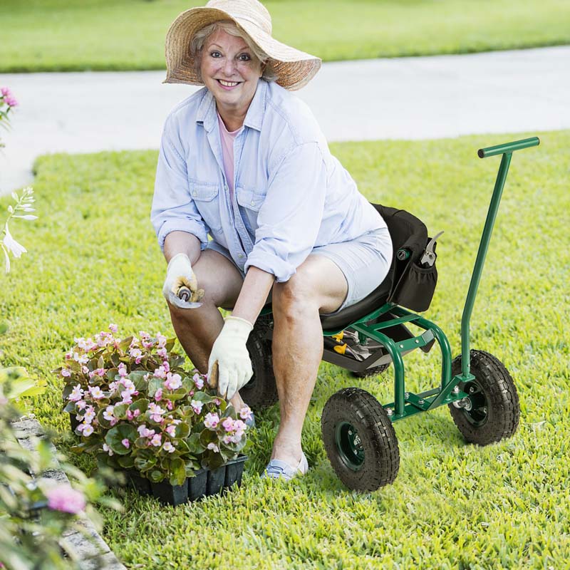 Rolling Garden Cart Workseat Garden Scooter with 360 Degree Swivel Cushioned Seat & Tool Storage, 2 Steering Handles