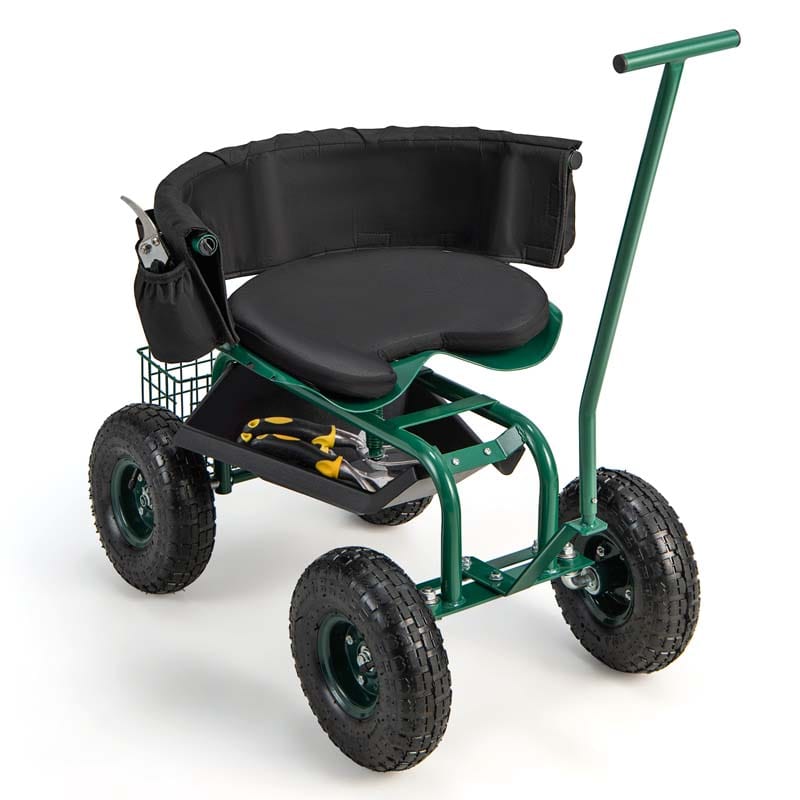 Rolling Garden Cart Workseat Garden Scooter with 360 Degree Swivel Cushioned Seat & Tool Storage, 2 Steering Handles