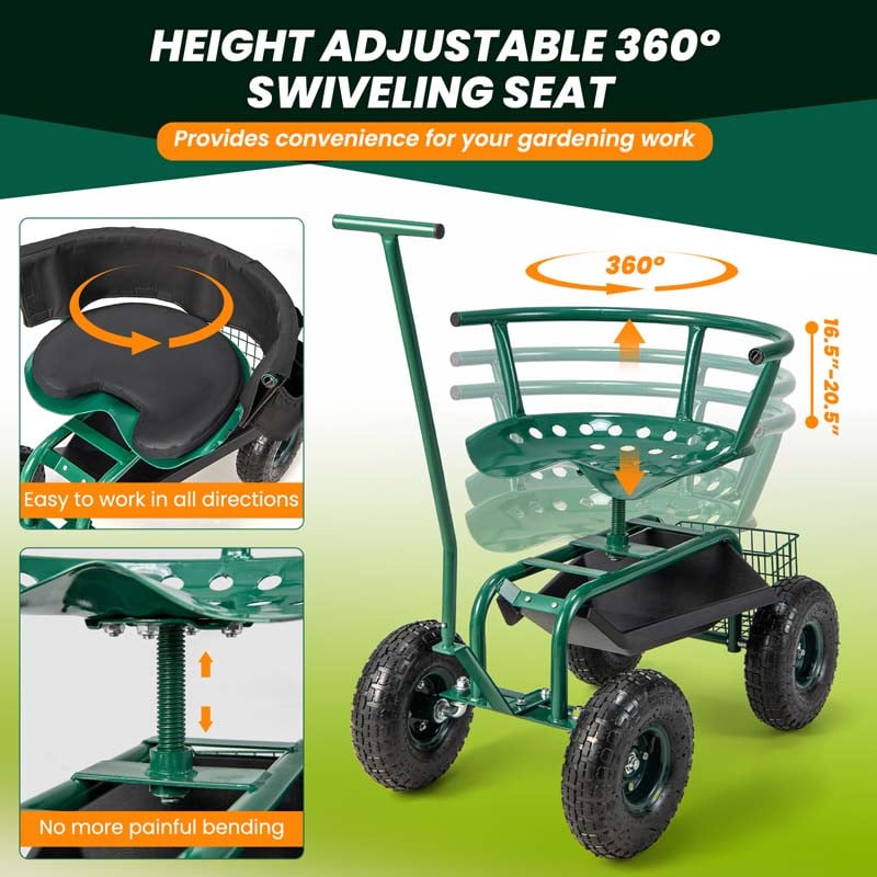 Rolling Garden Cart Workseat Garden Scooter with 360 Degree Swivel Cushioned Seat & Tool Storage, 2 Steering Handles