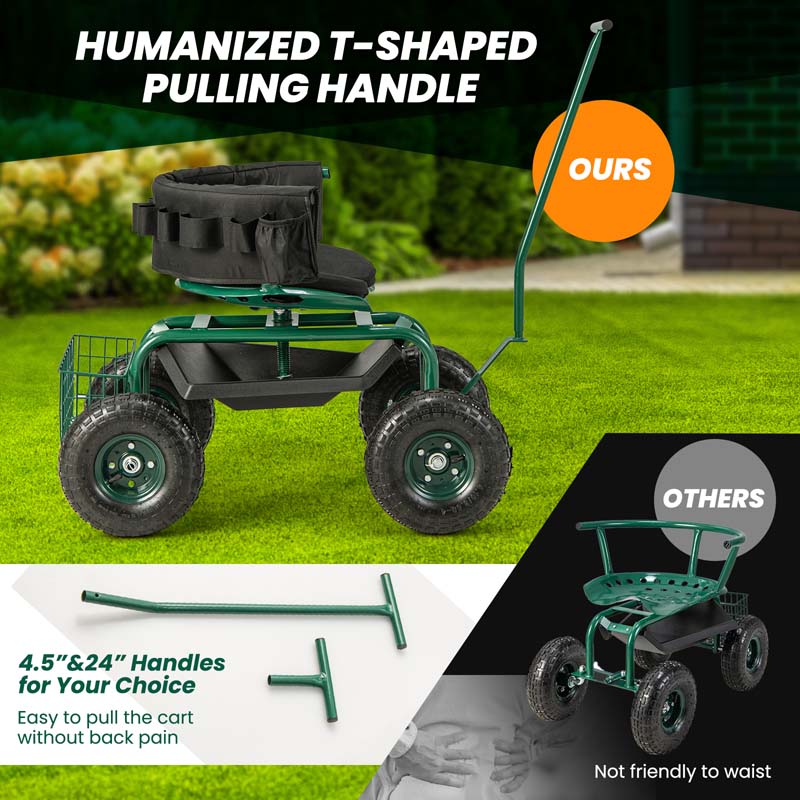 Rolling Garden Cart Workseat Garden Scooter with 360 Degree Swivel Cushioned Seat & Tool Storage, 2 Steering Handles