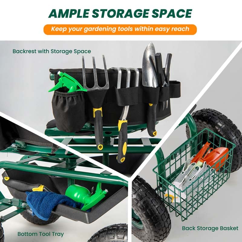 Rolling Garden Cart Workseat Garden Scooter with 360 Degree Swivel Cushioned Seat & Tool Storage, 2 Steering Handles