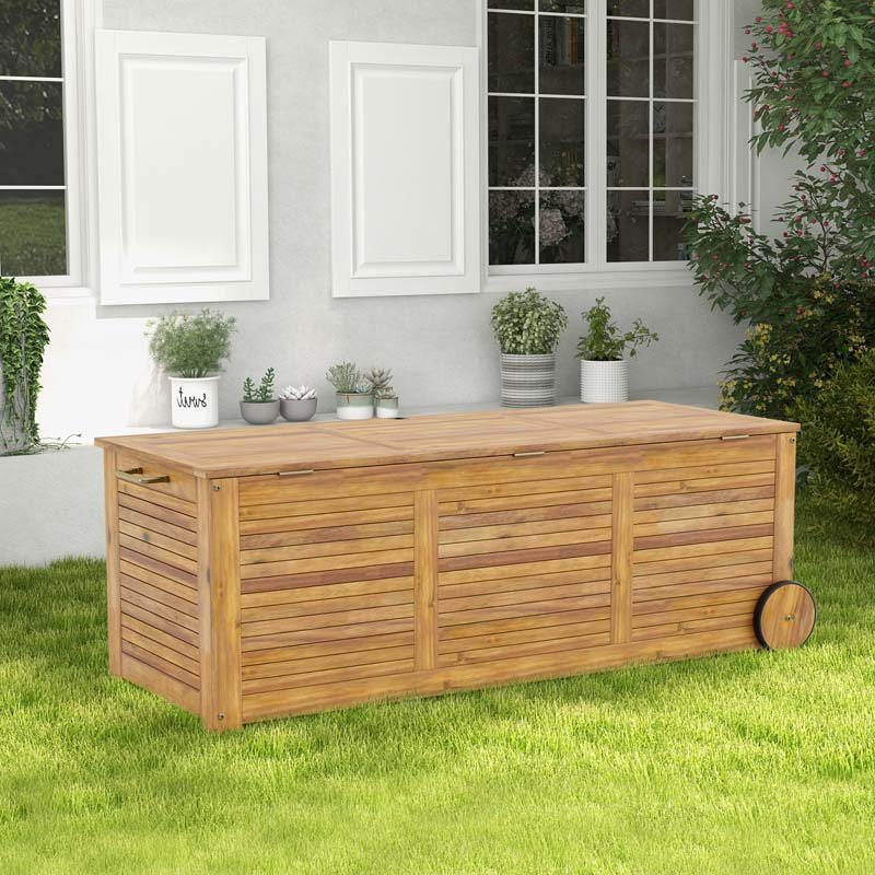 48 Gallon Wooden Rolling Patio Storage Deck Box, Garden Organizer Box with 2 Wheels, 1 Handle, Water-resistant Inner Bag