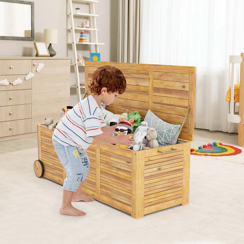 48 Gallon Wooden Rolling Patio Storage Deck Box, Garden Organizer Box with 2 Wheels, 1 Handle, Water-resistant Inner Bag