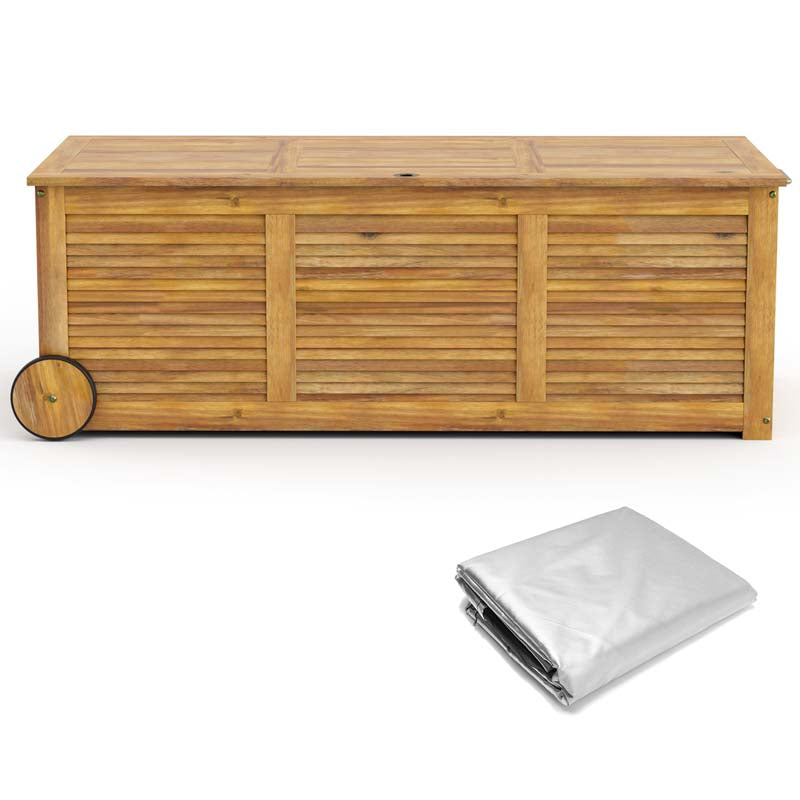 48 Gallon Wooden Rolling Patio Storage Deck Box, Garden Organizer Box with 2 Wheels, 1 Handle, Water-resistant Inner Bag