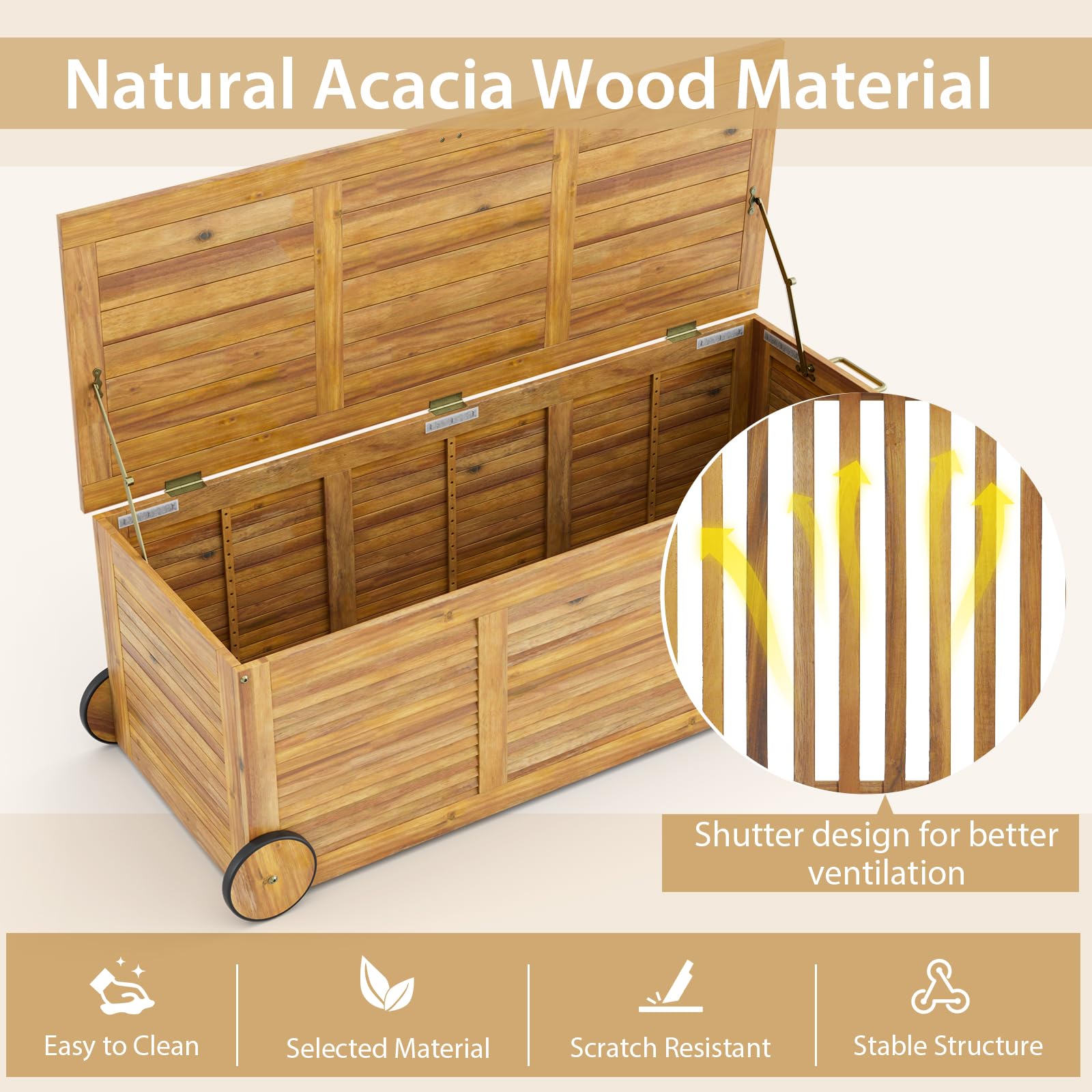 48 Gallon Wooden Rolling Patio Storage Deck Box, Garden Organizer Box with 2 Wheels, 1 Handle, Water-resistant Inner Bag