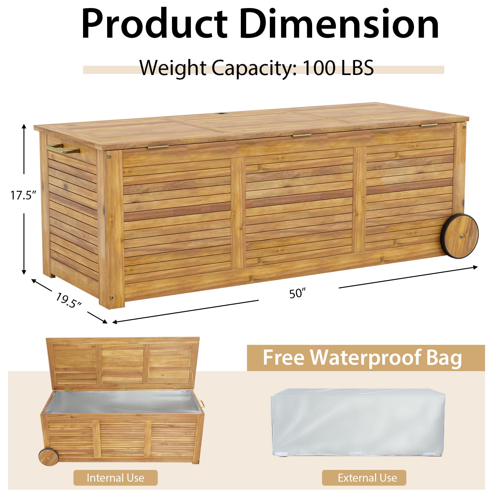 48 Gallon Wooden Rolling Patio Storage Deck Box, Garden Organizer Box with 2 Wheels, 1 Handle, Water-resistant Inner Bag