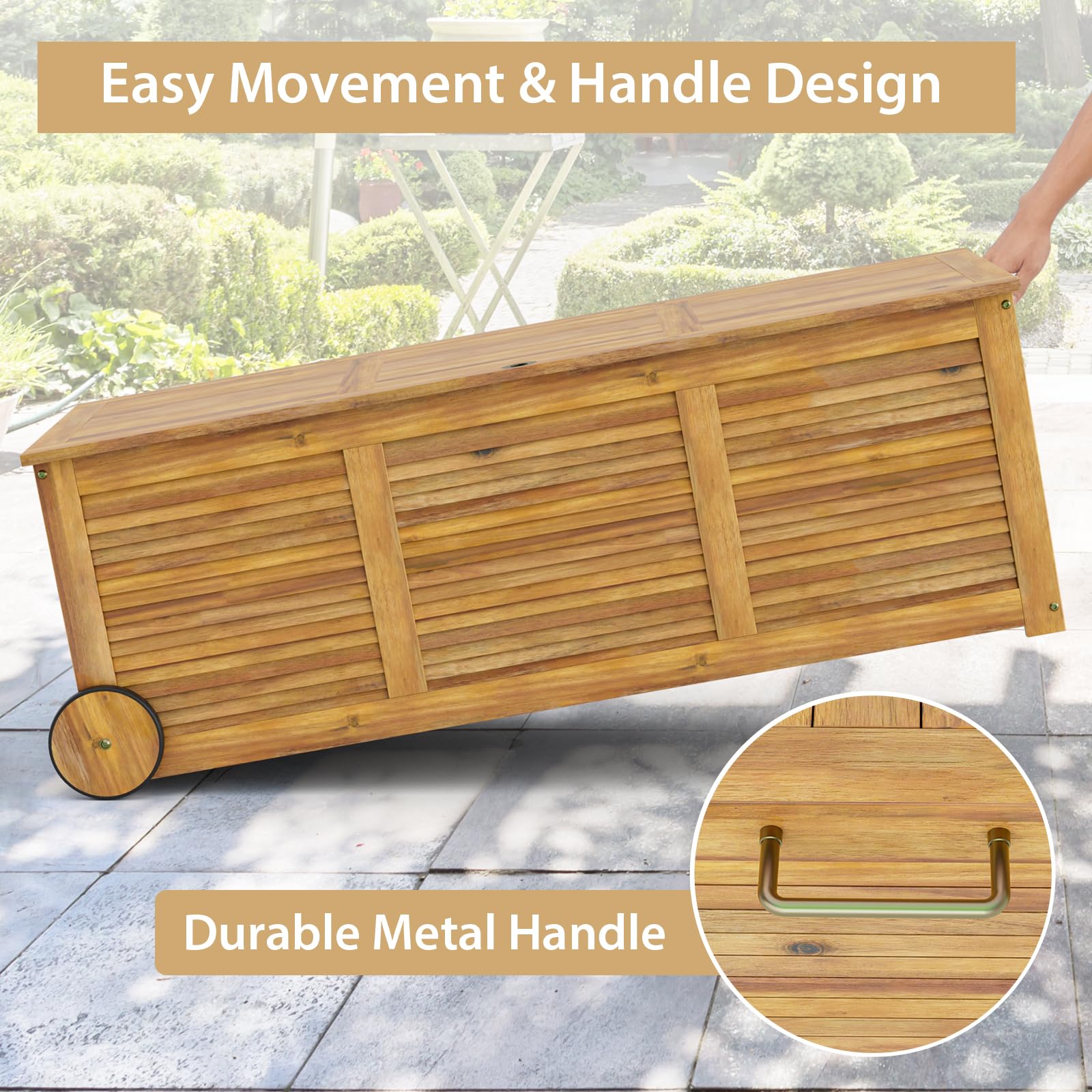 48 Gallon Wooden Rolling Patio Storage Deck Box, Garden Organizer Box with 2 Wheels, 1 Handle, Water-resistant Inner Bag