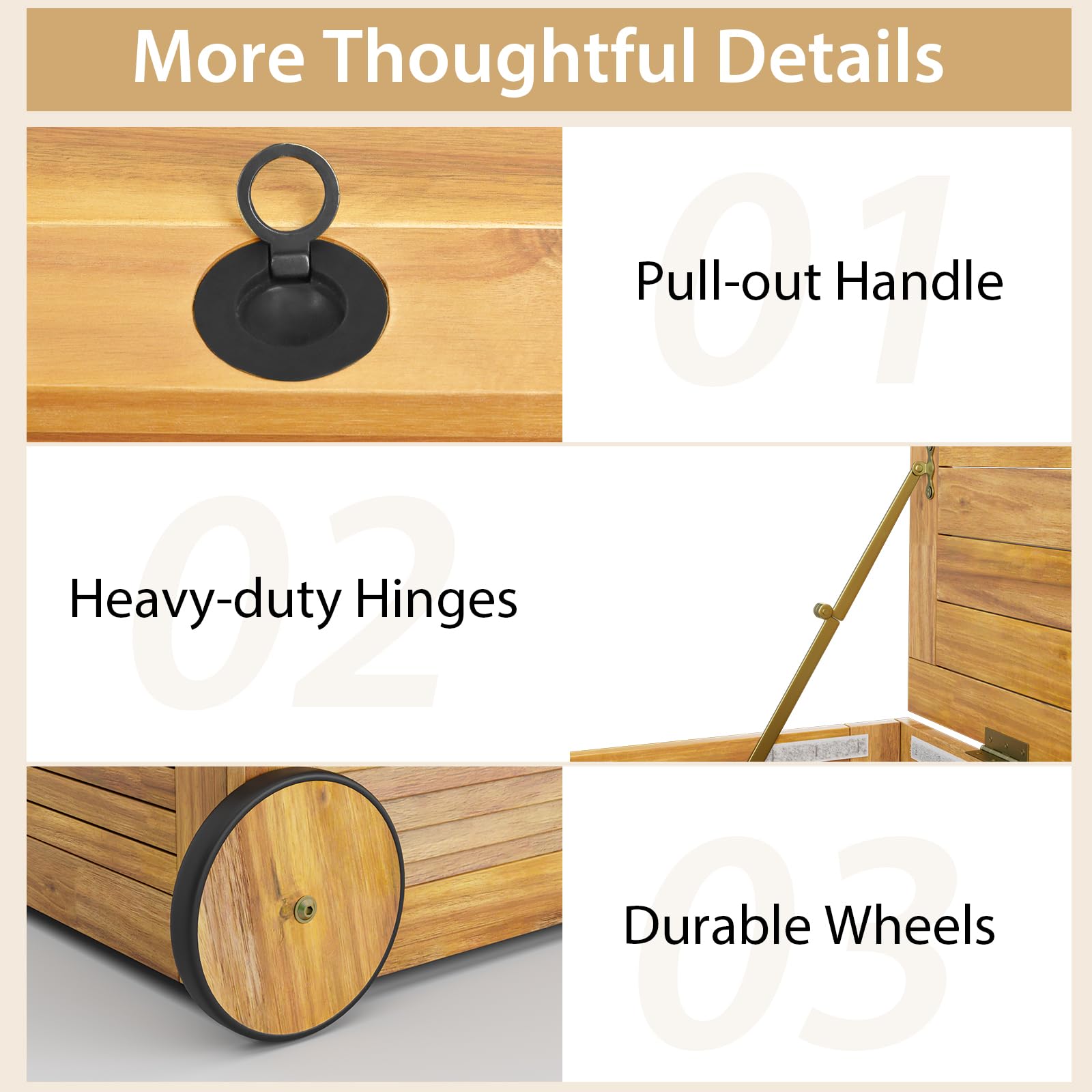 48 Gallon Wooden Rolling Patio Storage Deck Box, Garden Organizer Box with 2 Wheels, 1 Handle, Water-resistant Inner Bag